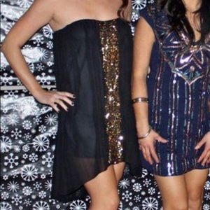 Black strapless party dress with gold sequin